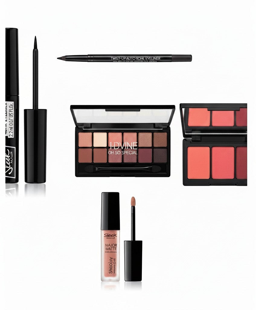 Creative Vault Marketplace makeup set featuring liquid eyeliner, kohl pencil, eyeshadow palette, blush, and lip gloss.