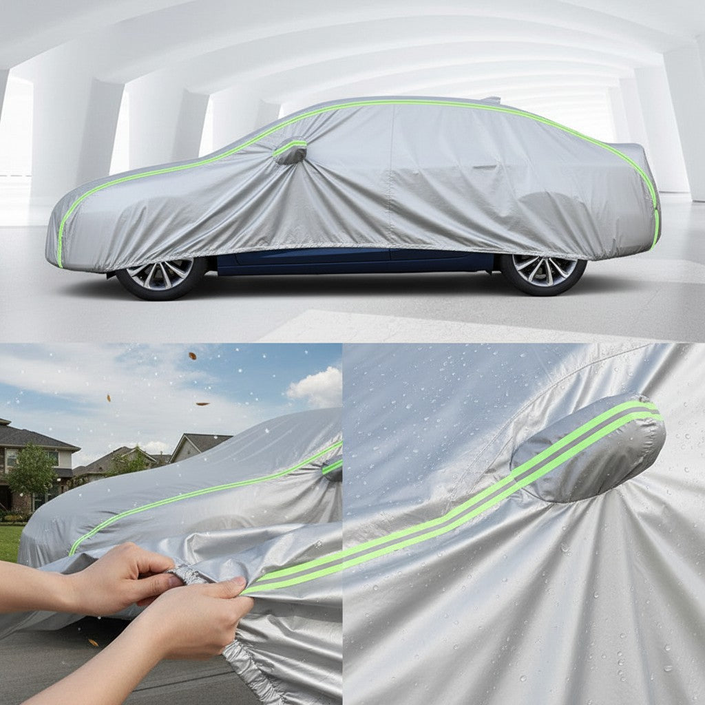 Creative Vault Marketplace silver waterproof Oxford cloth car cover with reflective safety strips for all-weather use.