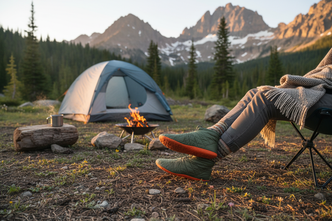 HODR Gear ultralight camp shoes at a mountain campsite at golden hour