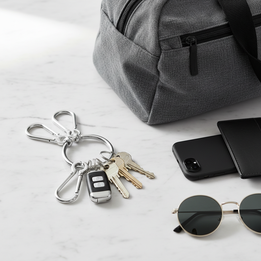 Silver aluminum carabiner clips on a keychain with everyday carry items on a white marble surface