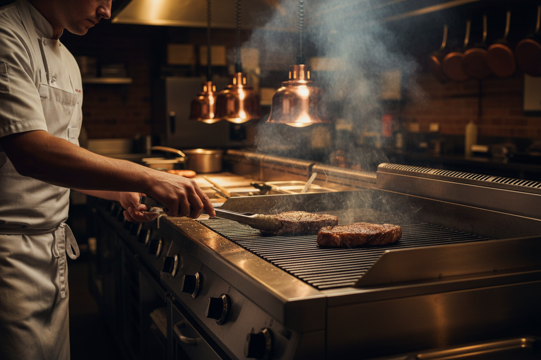 Chef grilling steaks on a stainless steel commercial electric chargrill in a professional restaurant kitchen