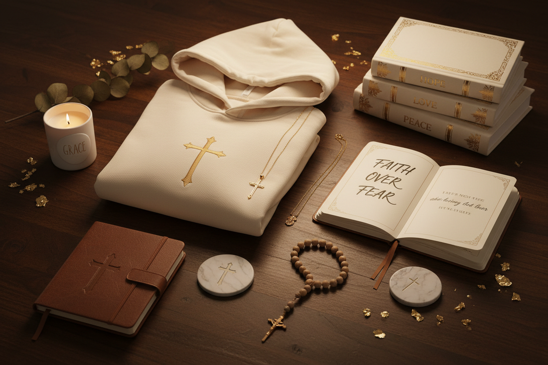 A luxurious flat lay of faith-inspired lifestyle products including apparel, gold cross jewelry, home decor, a candle, and a journal on dark wood