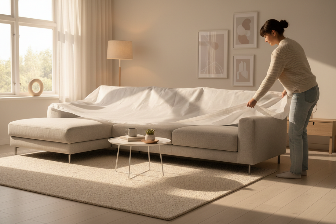 Person placing a non-woven fabric dust cover over a sofa in a minimalist living room - home appliance protection guide