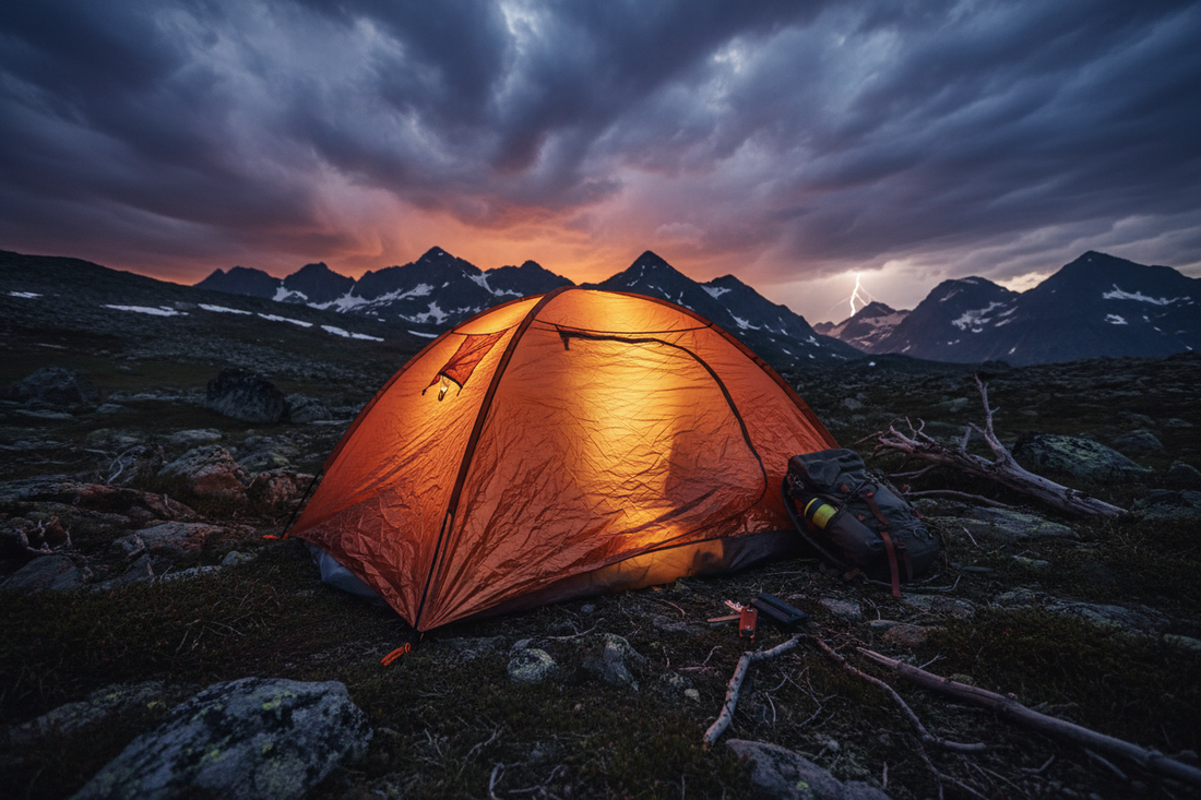 Orange reflective emergency mylar survival tent set up in a dramatic mountain wilderness at dusk with stormy sky