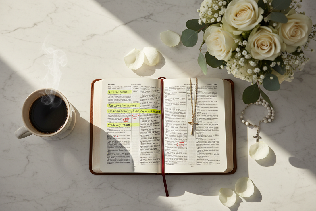 Faith-inspired accessories including a gold cross necklace, open Bible, and flowers on marble surface
