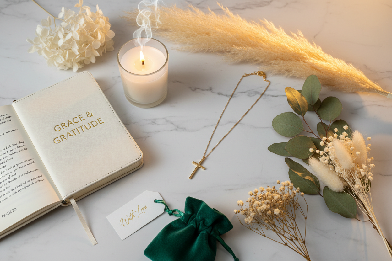 A luxurious faith-inspired gift flat lay with a gold cross necklace, Scripture journal, candle, and flowers on white marble