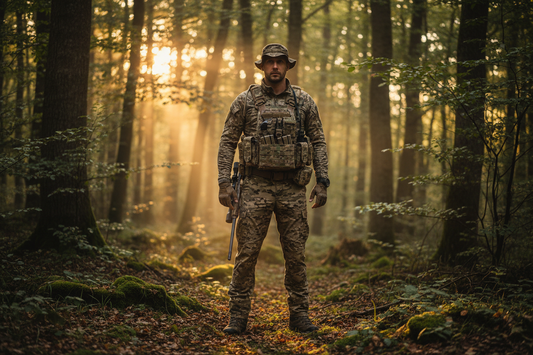 Hunter wearing camouflage tactical chest vest in forest - tactical vest buyer's guide for hunting, airsoft and outdoor adventures