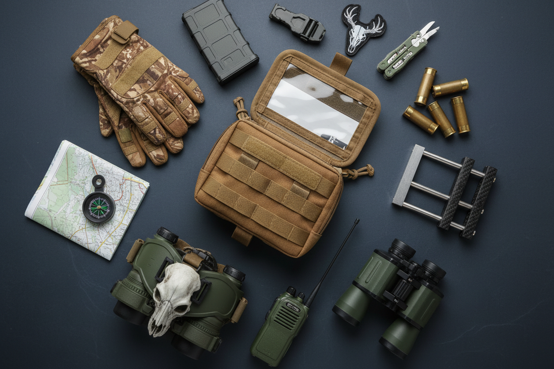 Tactical MOLLE dope pouch with accessories flat lay on dark background - D.M.GEAR plate carrier gear