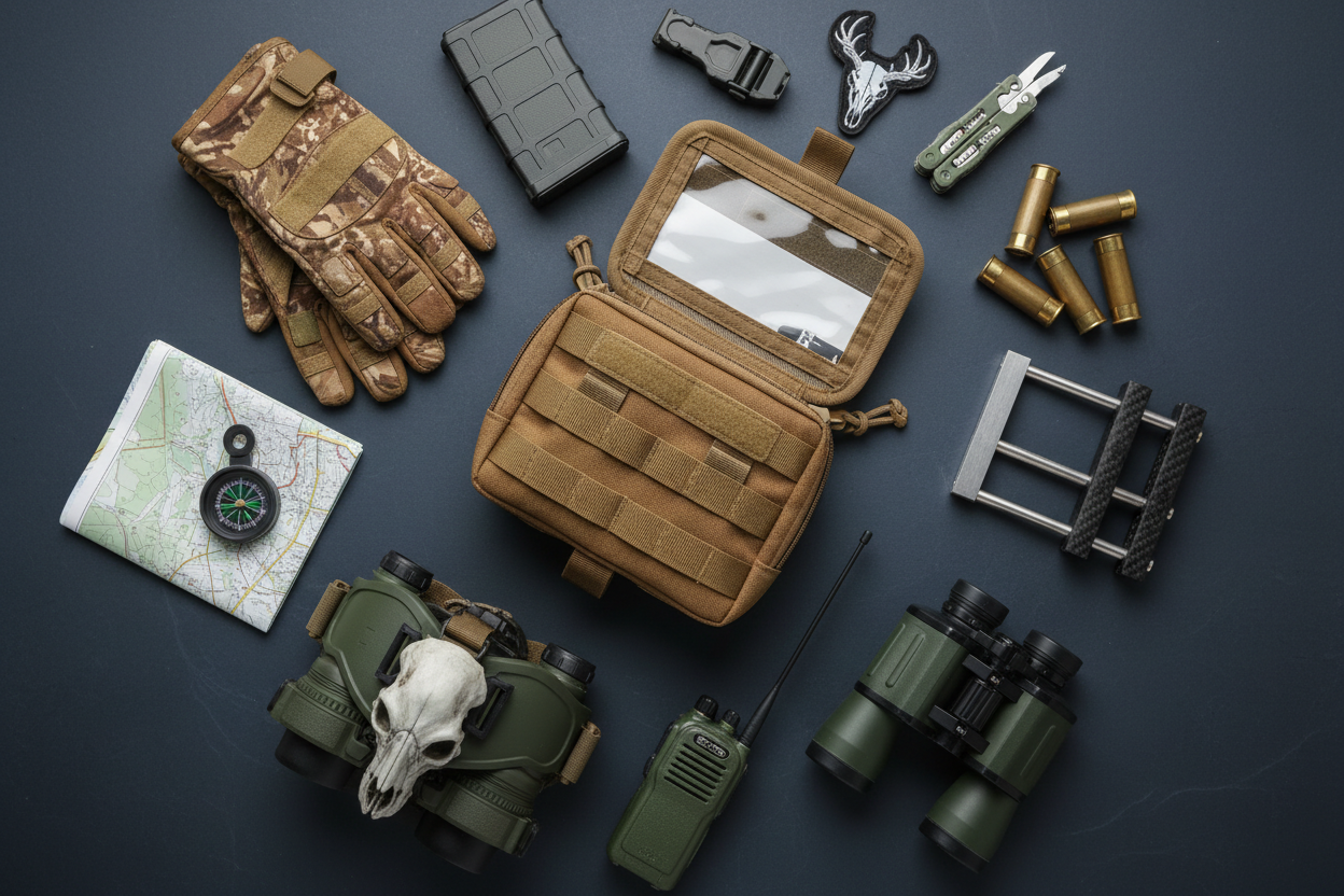 Tactical MOLLE dope pouch with accessories flat lay on dark background - D.M.GEAR plate carrier gear
