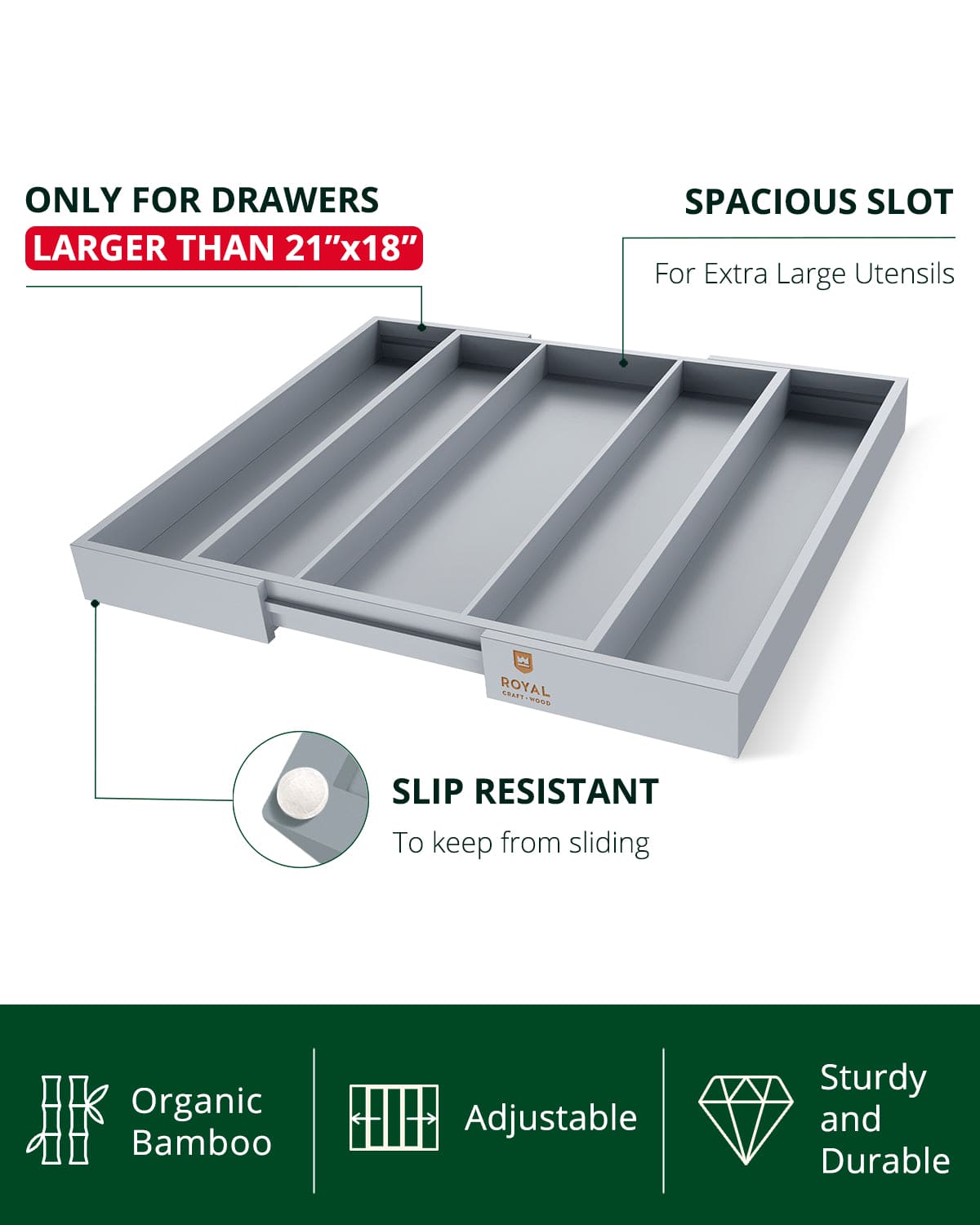 Utensil Drawer Organizer, Gray (5 Slots) by Royal Craft Wood