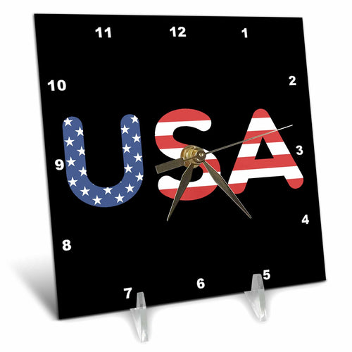 3dRose USA Written in Stars and Stripes in a Black Background. - Desk Clocks (dc_349249) by 3dRose