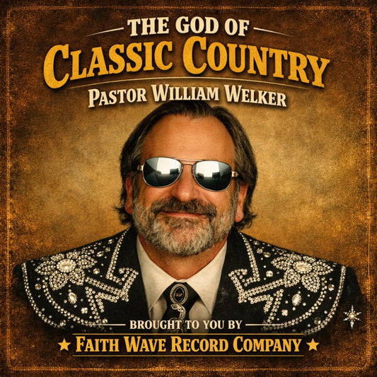 Digital album cover featuring Pastor William Welker in sunglasses and a rhinestone-studded jacket on a textured gold background.