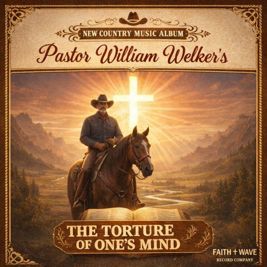 Digital album art features a cowboy on horseback before a glowing cross, set in a sepia-toned mountain landscape.
