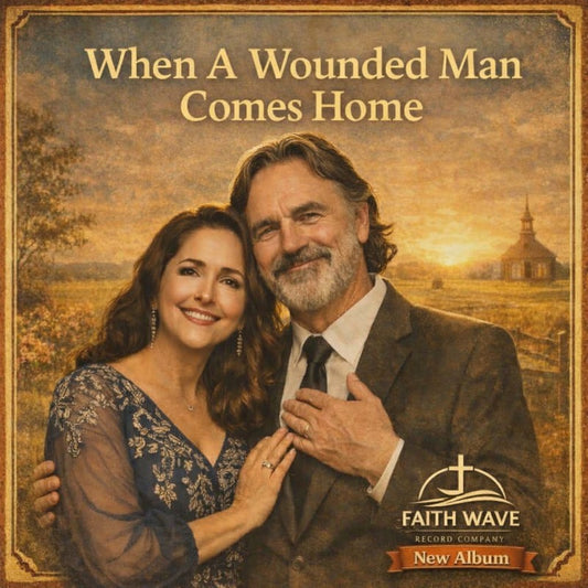 Digital album cover showing a smiling couple in formal attire against a vintage, golden-hued rural church backdrop.