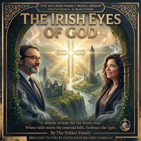 Album cover titled "The Irish Eyes of God," featuring a man and woman flanking a glowing cross over Irish ruins.