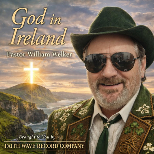 Digital album cover for God in Ireland featuring a man in a green hat and embroidered coat against an Irish landscape.