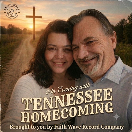 Digital music cover featuring a smiling couple against a sunset rural path with a cross, in warm golden tones.