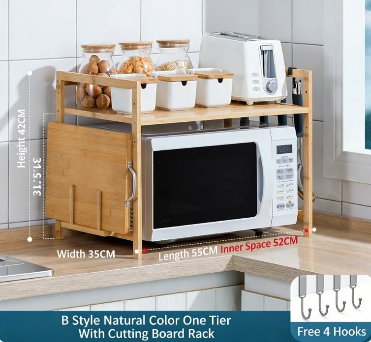 Kitchen Storage Rack Double-Layer Countertop Microwave Oven Shelf Desktop Seasoning Oven Organizer Bamboo Solid Wood by American Smart