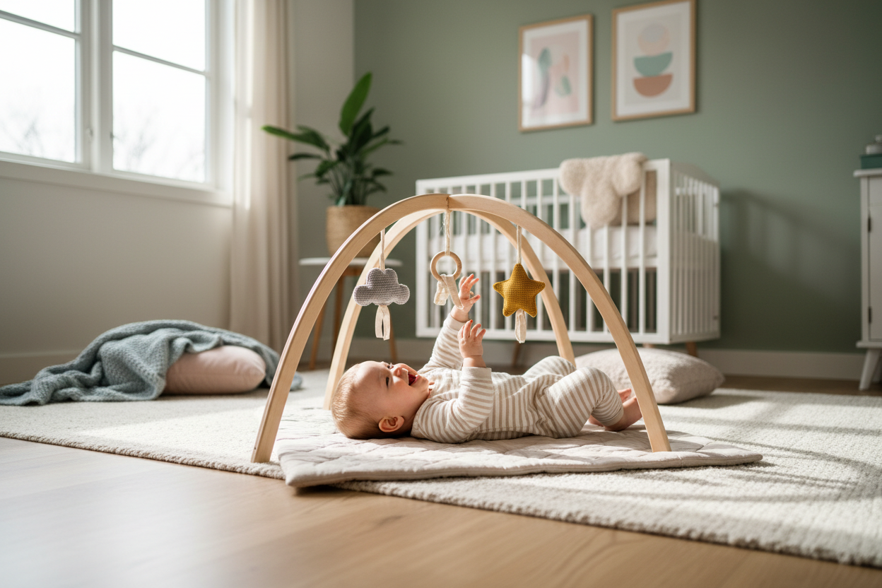 Portable 3 Wooden Newborn Baby Exercise Activity Gym Teething Toys Hanging Bar-Blue by VYSN