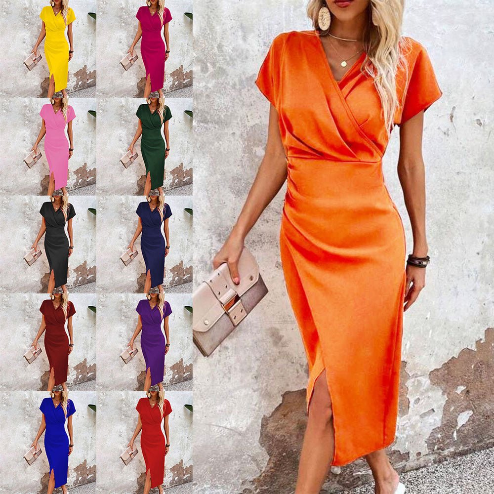 Slim-Fit V-Neck Split Dress | Short Sleeve Summer Bodycon by Creative Vault Marketplace
