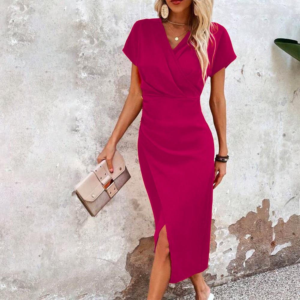 Slim-Fit V-Neck Split Dress | Short Sleeve Summer Bodycon by Creative Vault Marketplace