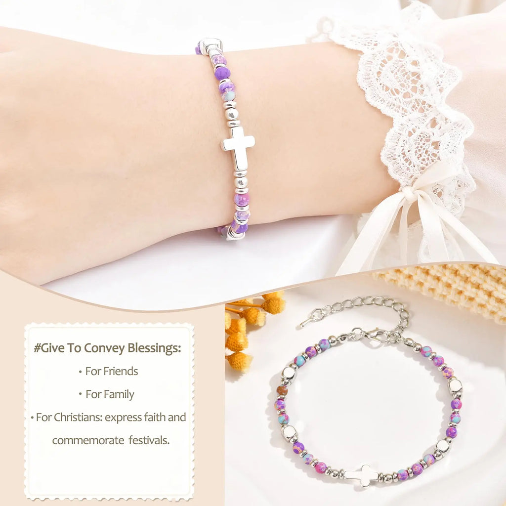 Religious Cross Pink Crystal Natural Stone Beads Chain Bracelet for Women Christian Faith Jewelry Easter Baptism Gift by Creative Vault Marketplace