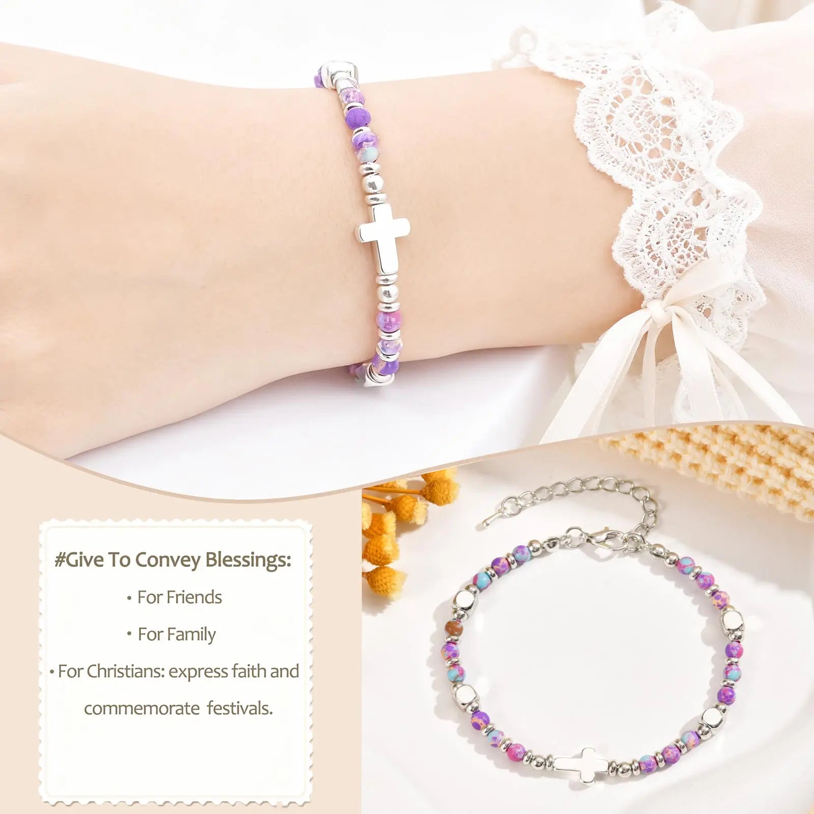 Religious Cross Pink Crystal Natural Stone Beads Chain Bracelet for Women Christian Faith Jewelry Easter Baptism Gift by Creative Vault Marketplace