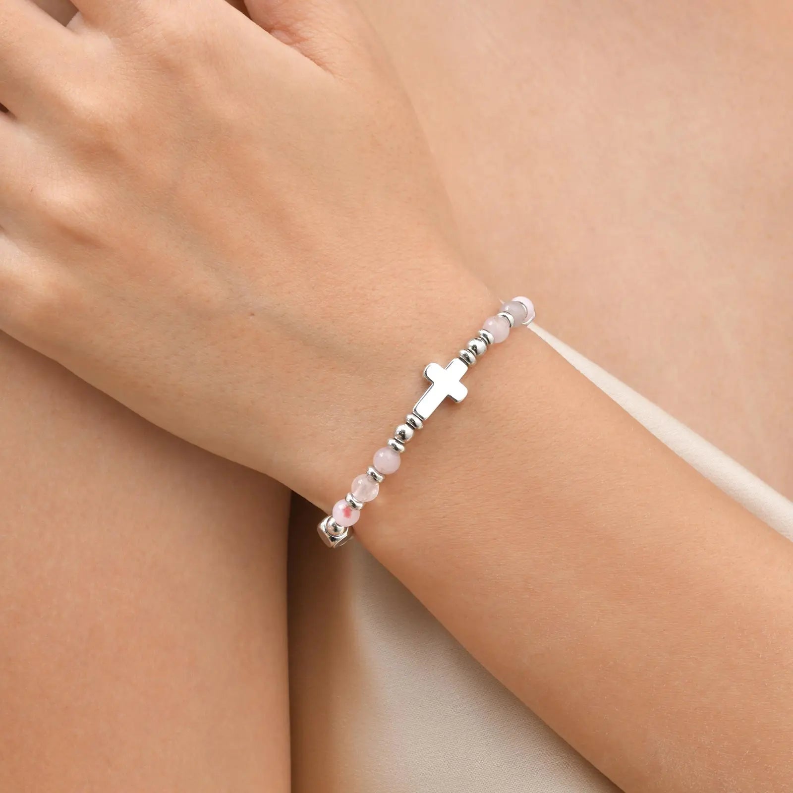 Religious Cross Pink Crystal Natural Stone Beads Chain Bracelet for Women Christian Faith Jewelry Easter Baptism Gift by Creative Vault Marketplace