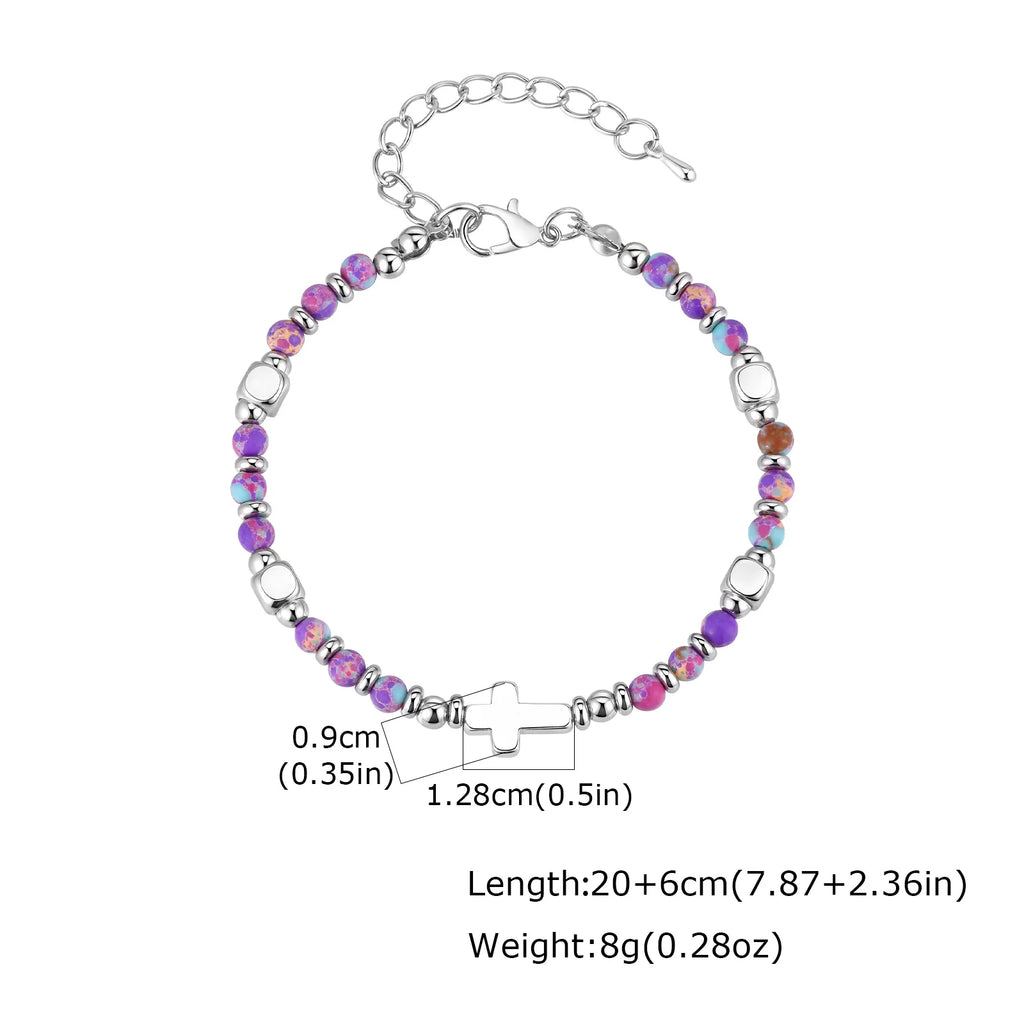 Religious Cross Pink Crystal Natural Stone Beads Chain Bracelet for Women Christian Faith Jewelry Easter Baptism Gift by Creative Vault Marketplace