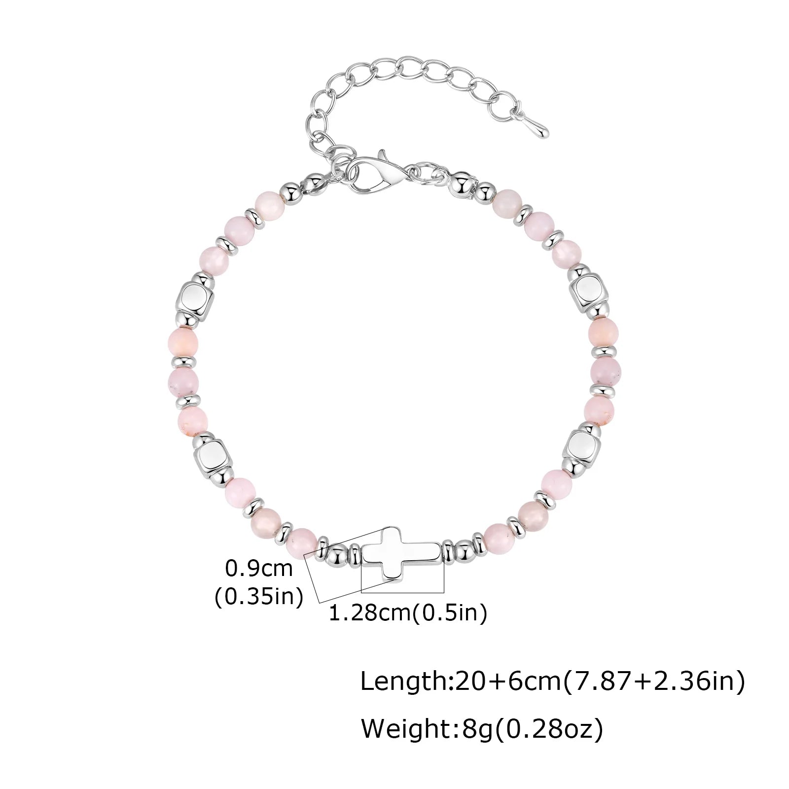 Religious Cross Pink Crystal Natural Stone Beads Chain Bracelet for Women Christian Faith Jewelry Easter Baptism Gift by Creative Vault Marketplace