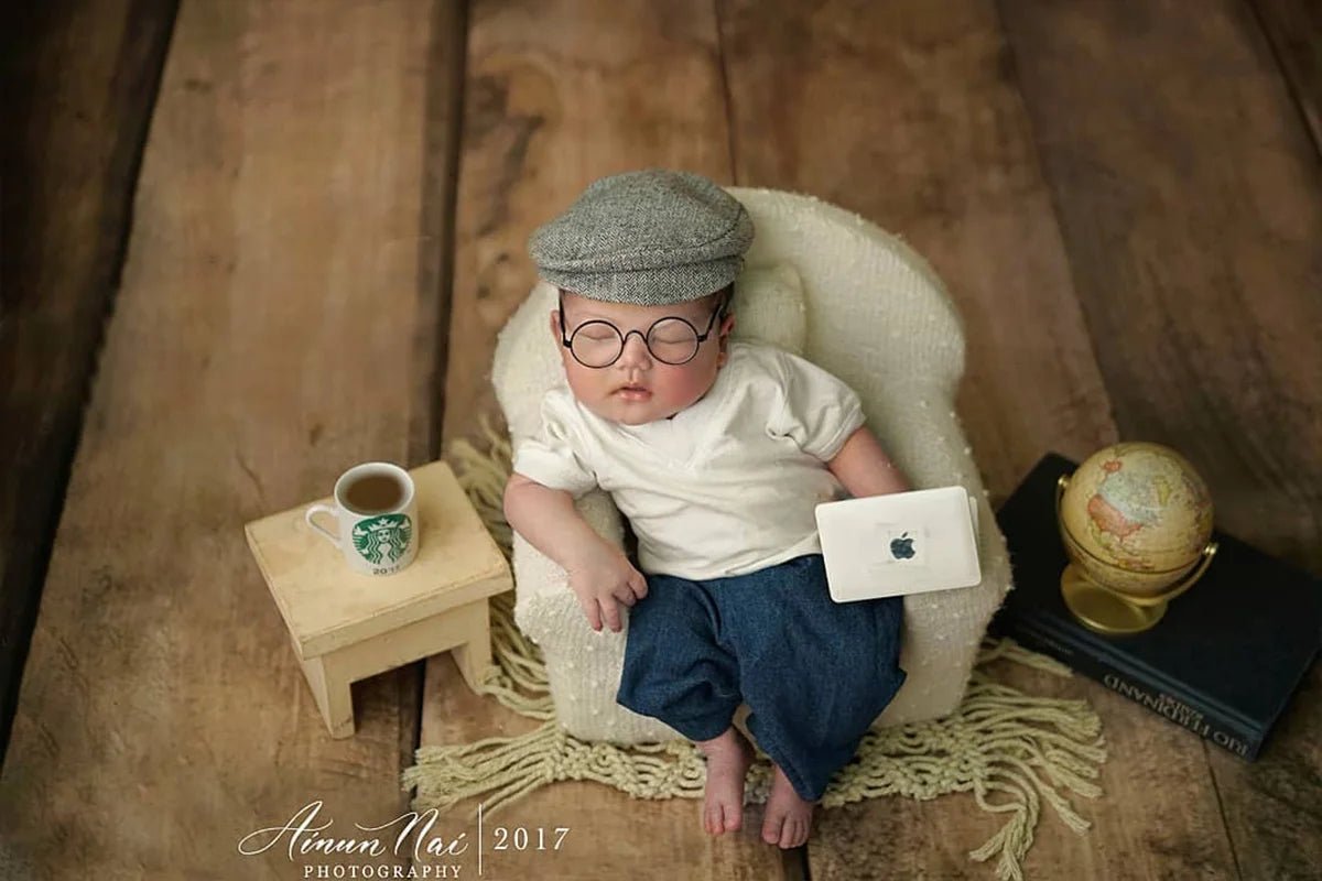 Newborn Photography Props Gentlemen Flat Hat Bow tie Set Costume Mini Computer Glasses Suitcases Baby Decor goods Accessories by Creative Vault Marketplace