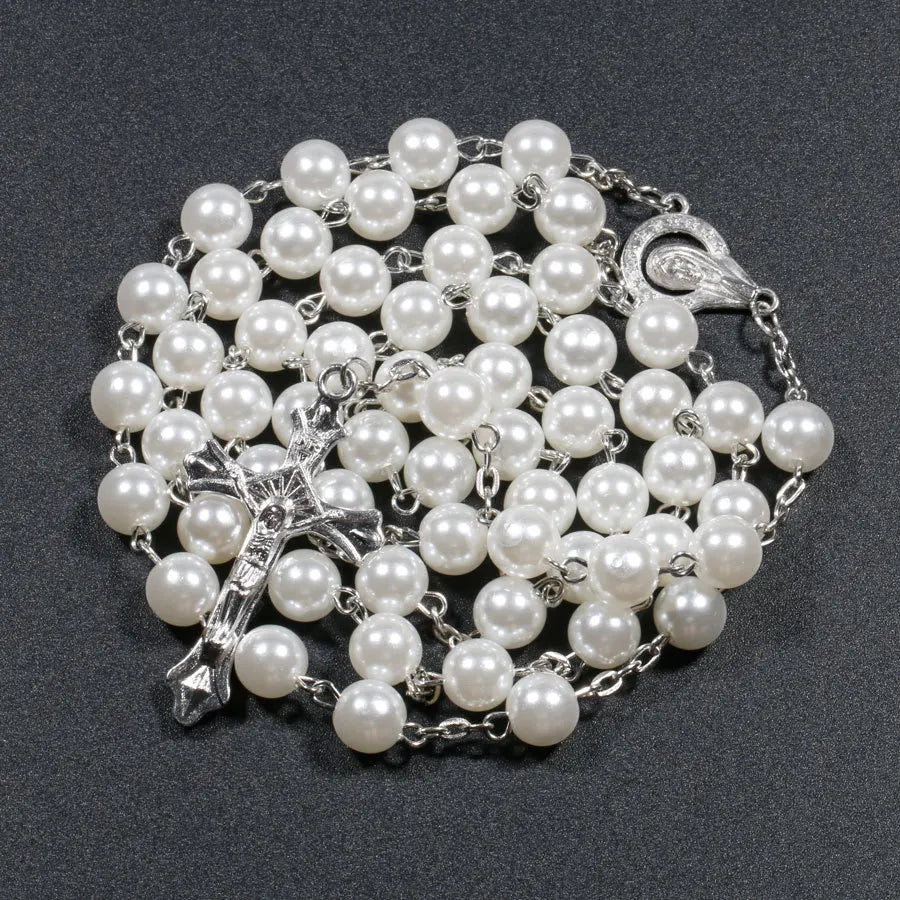 Religion Christian Faux pearl Rosary necklace For Women Virgin Mary Jesus Cross pendant Long beads chains Fashion Jewelry by Creative Vault Marketplace