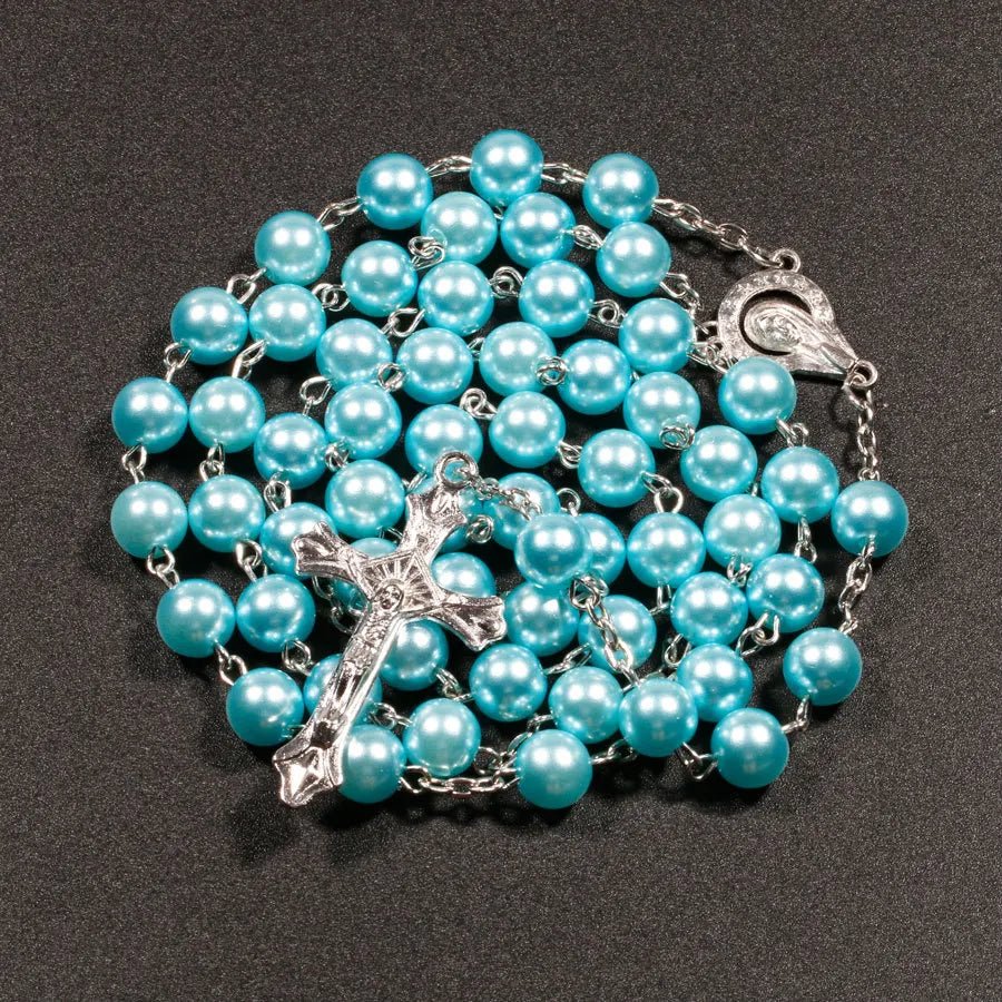 Religion Christian Faux pearl Rosary necklace For Women Virgin Mary Jesus Cross pendant Long beads chains Fashion Jewelry by Creative Vault Marketplace