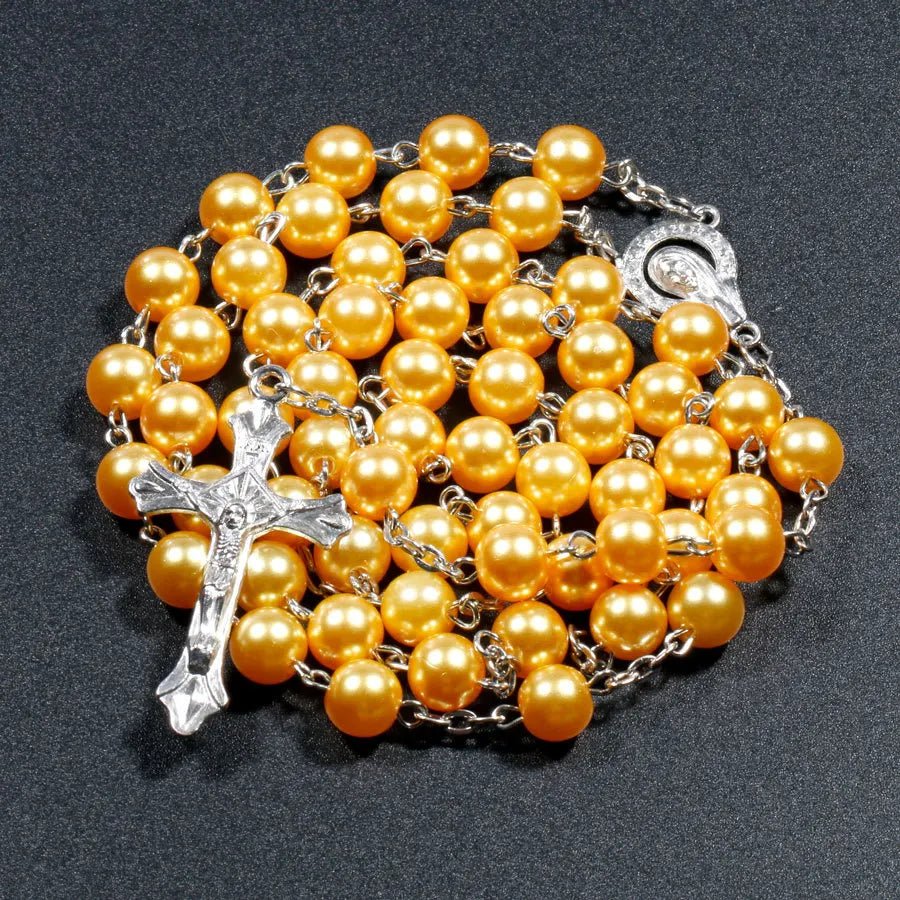 Religion Christian Faux pearl Rosary necklace For Women Virgin Mary Jesus Cross pendant Long beads chains Fashion Jewelry by Creative Vault Marketplace