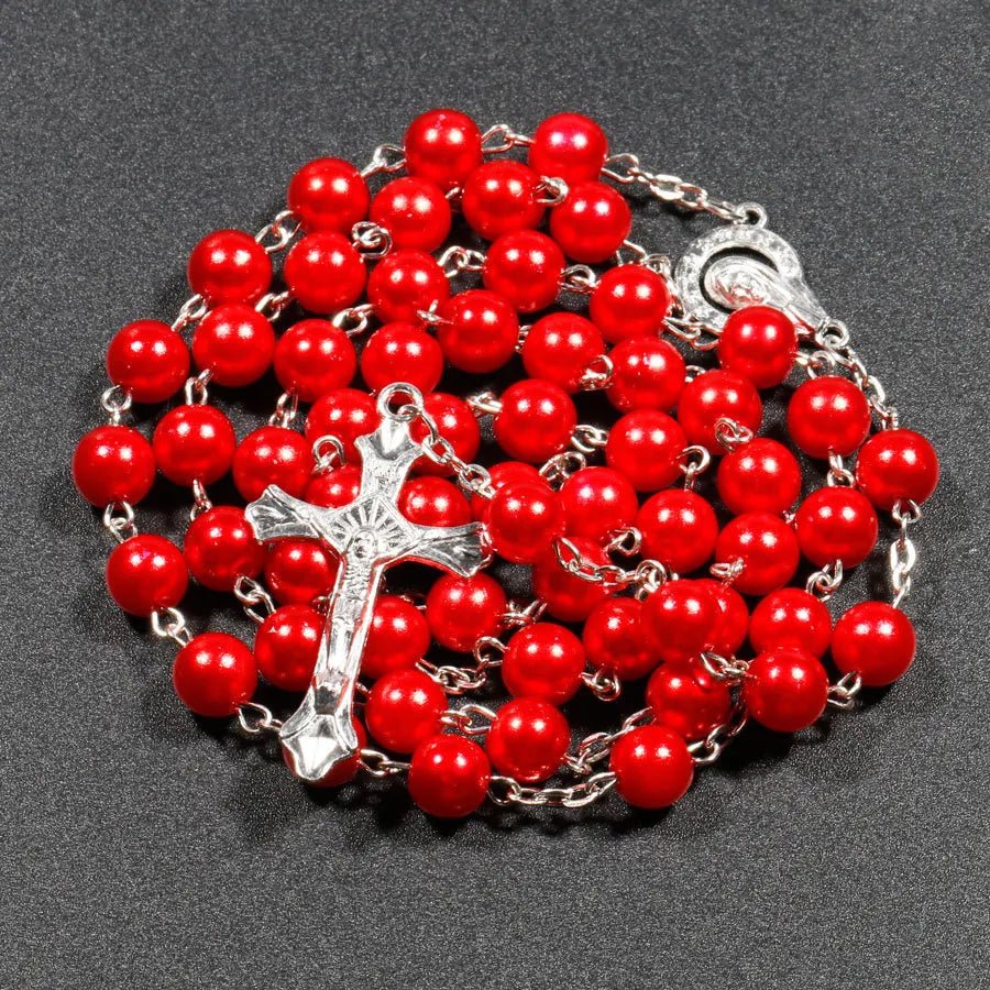 Religion Christian Faux pearl Rosary necklace For Women Virgin Mary Jesus Cross pendant Long beads chains Fashion Jewelry by Creative Vault Marketplace