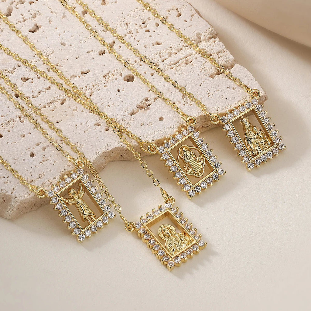 Brass Hollow Square Religious Medal Necklace Gold Plated CZ Border Virgin Mary Jesus Pendant Necklace Faith Amulet Jewelry Gift by Creative Vault Marketplace