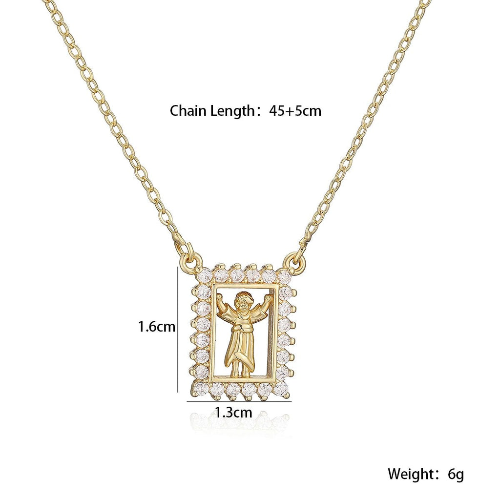 Brass Hollow Square Religious Medal Necklace Gold Plated CZ Border Virgin Mary Jesus Pendant Necklace Faith Amulet Jewelry Gift by Creative Vault Marketplace