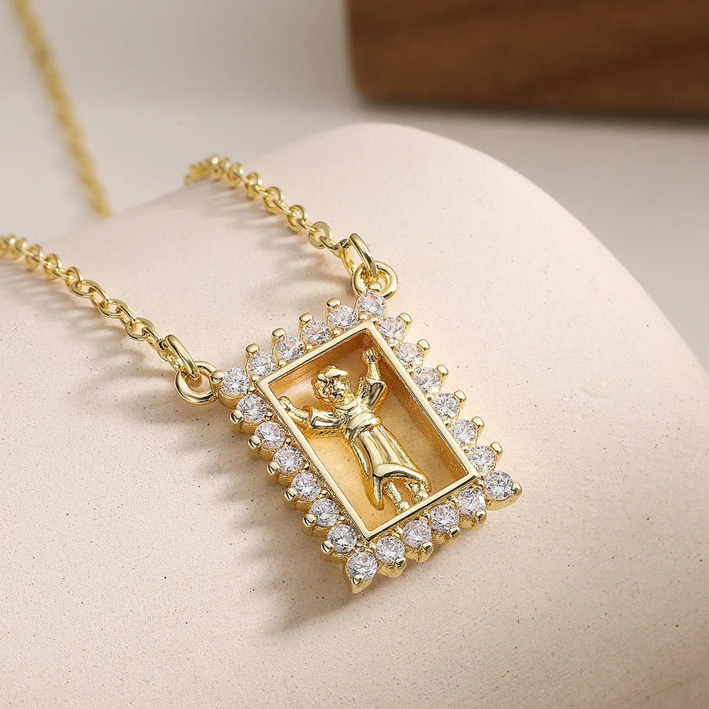 Brass Hollow Square Religious Medal Necklace Gold Plated CZ Border Virgin Mary Jesus Pendant Necklace Faith Amulet Jewelry Gift by Creative Vault Marketplace