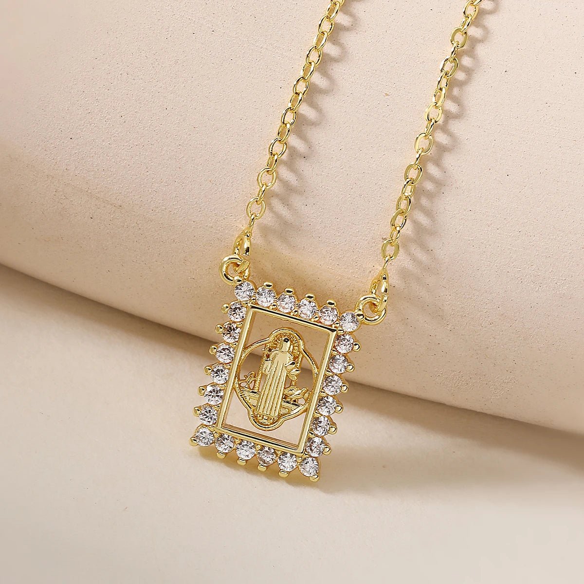 Brass Hollow Square Religious Medal Necklace Gold Plated CZ Border Virgin Mary Jesus Pendant Necklace Faith Amulet Jewelry Gift by Creative Vault Marketplace