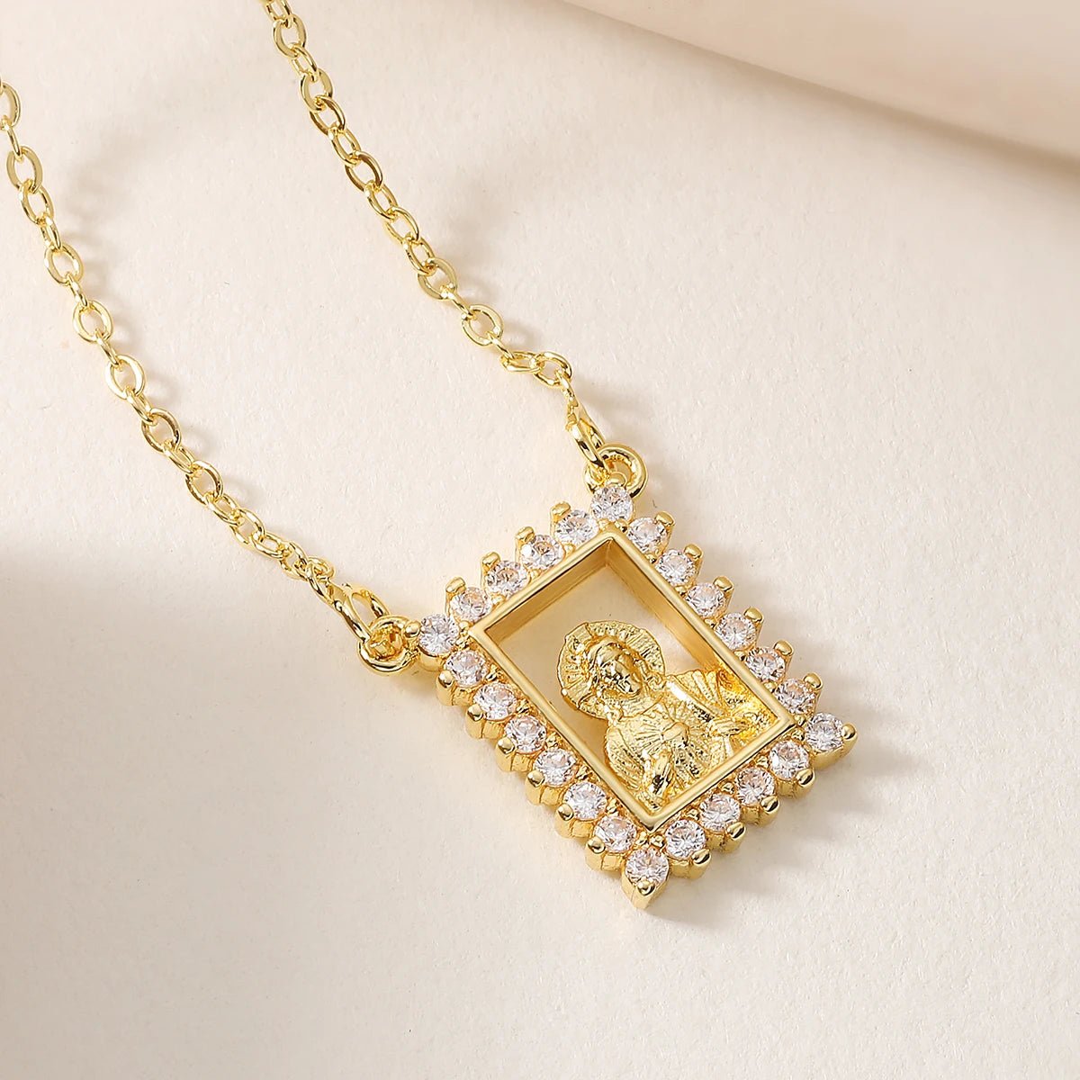 Brass Hollow Square Religious Medal Necklace Gold Plated CZ Border Virgin Mary Jesus Pendant Necklace Faith Amulet Jewelry Gift by Creative Vault Marketplace