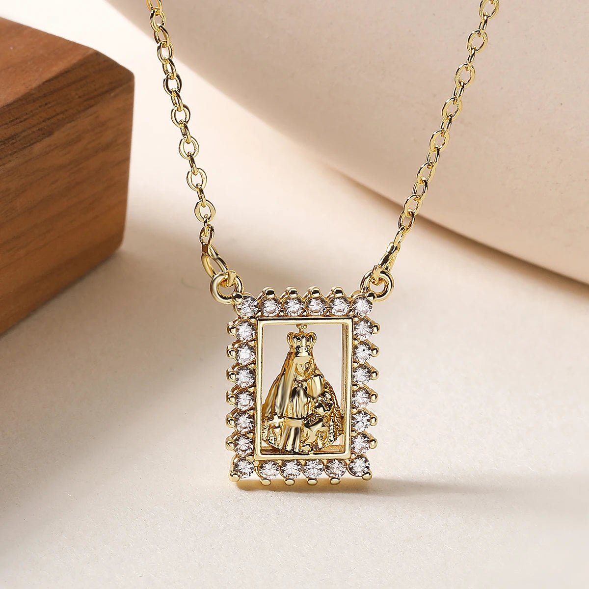 Brass Hollow Square Religious Medal Necklace Gold Plated CZ Border Virgin Mary Jesus Pendant Necklace Faith Amulet Jewelry Gift by Creative Vault Marketplace