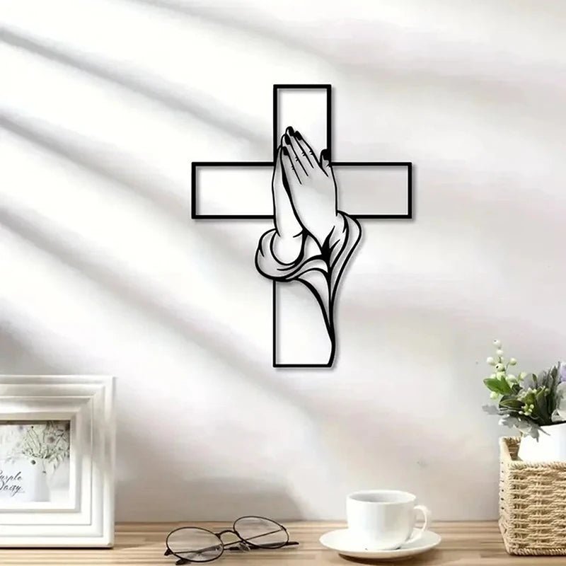 Cross & Praying Hands Acrylic Wall Art | Religious Home Decor by Creative Vault Marketplace