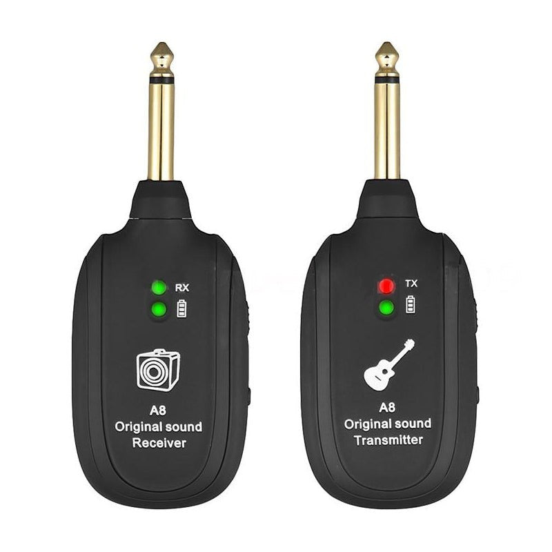 Creative Vault Marketplace A8 wireless guitar transmitter and receiver set with black casing and gold-plated jacks