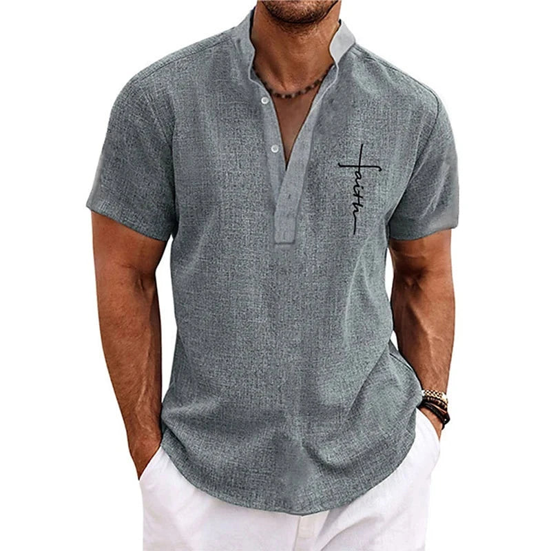 Faith Letter 3D Print Henley Shirts Men's Fashion Oversized Button Stand Collar Short Sleeve T Shirt Male Tees Tops Man Clothing by Creative Vault Marketplace