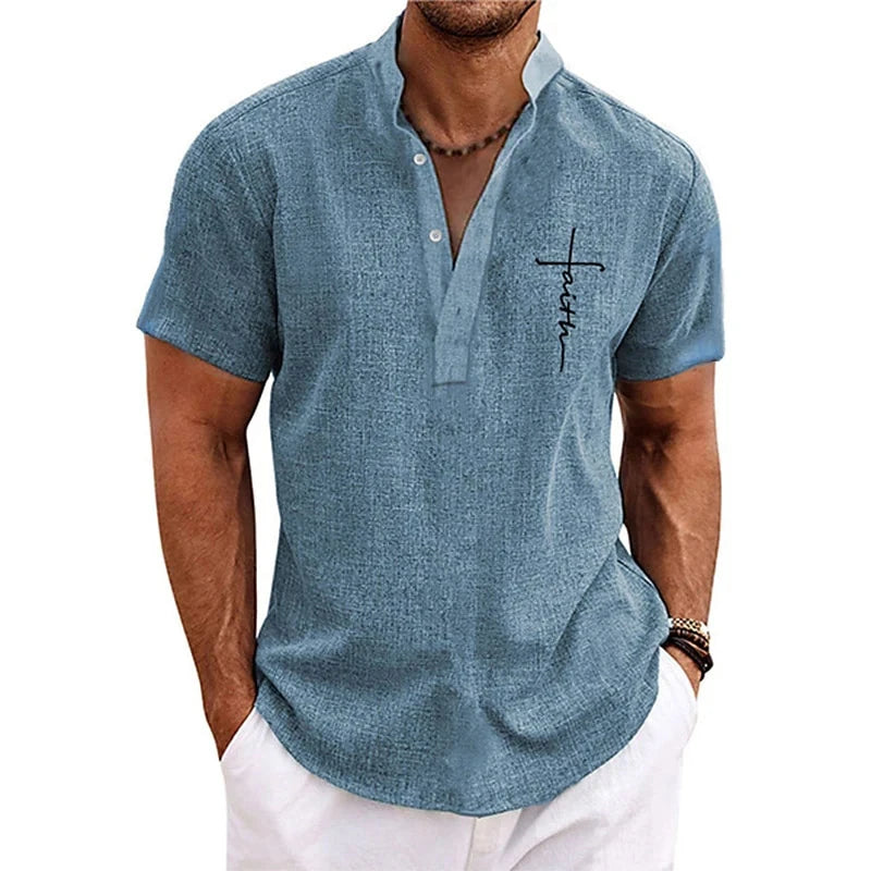 Faith Letter 3D Print Henley Shirts Men's Fashion Oversized Button Stand Collar Short Sleeve T Shirt Male Tees Tops Man Clothing by Creative Vault Marketplace