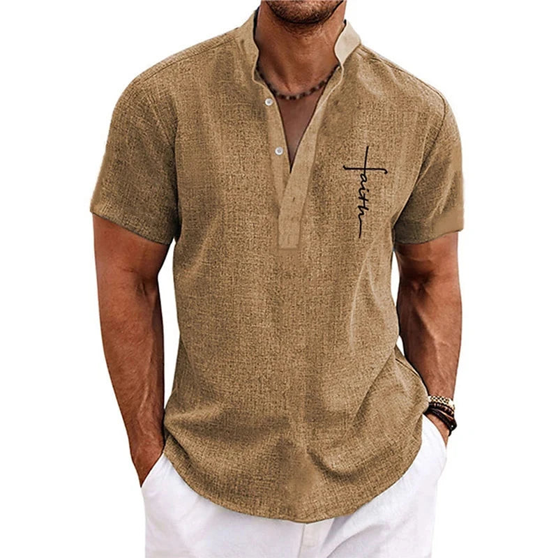 Faith Letter 3D Print Henley Shirts Men's Fashion Oversized Button Stand Collar Short Sleeve T Shirt Male Tees Tops Man Clothing by Creative Vault Marketplace
