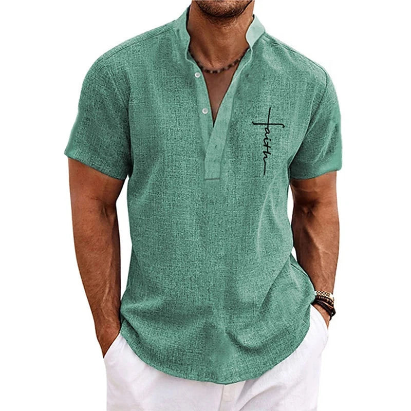 Faith Letter 3D Print Henley Shirts Men's Fashion Oversized Button Stand Collar Short Sleeve T Shirt Male Tees Tops Man Clothing by Creative Vault Marketplace