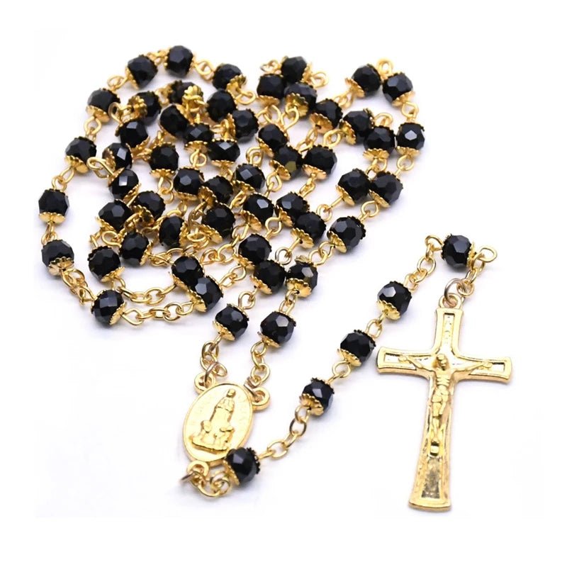 Catholic Jewelry Black Glass Crystal Beads Fatima Cross Pendant Rosary Necklace For Men Women by Creative Vault Marketplace