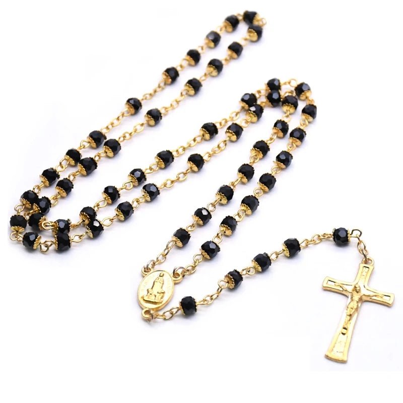 Catholic Jewelry Black Glass Crystal Beads Fatima Cross Pendant Rosary Necklace For Men Women by Creative Vault Marketplace
