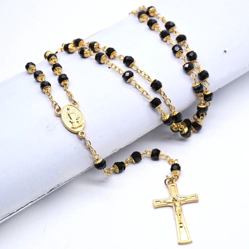 Catholic Jewelry Black Glass Crystal Beads Fatima Cross Pendant Rosary Necklace For Men Women by Creative Vault Marketplace